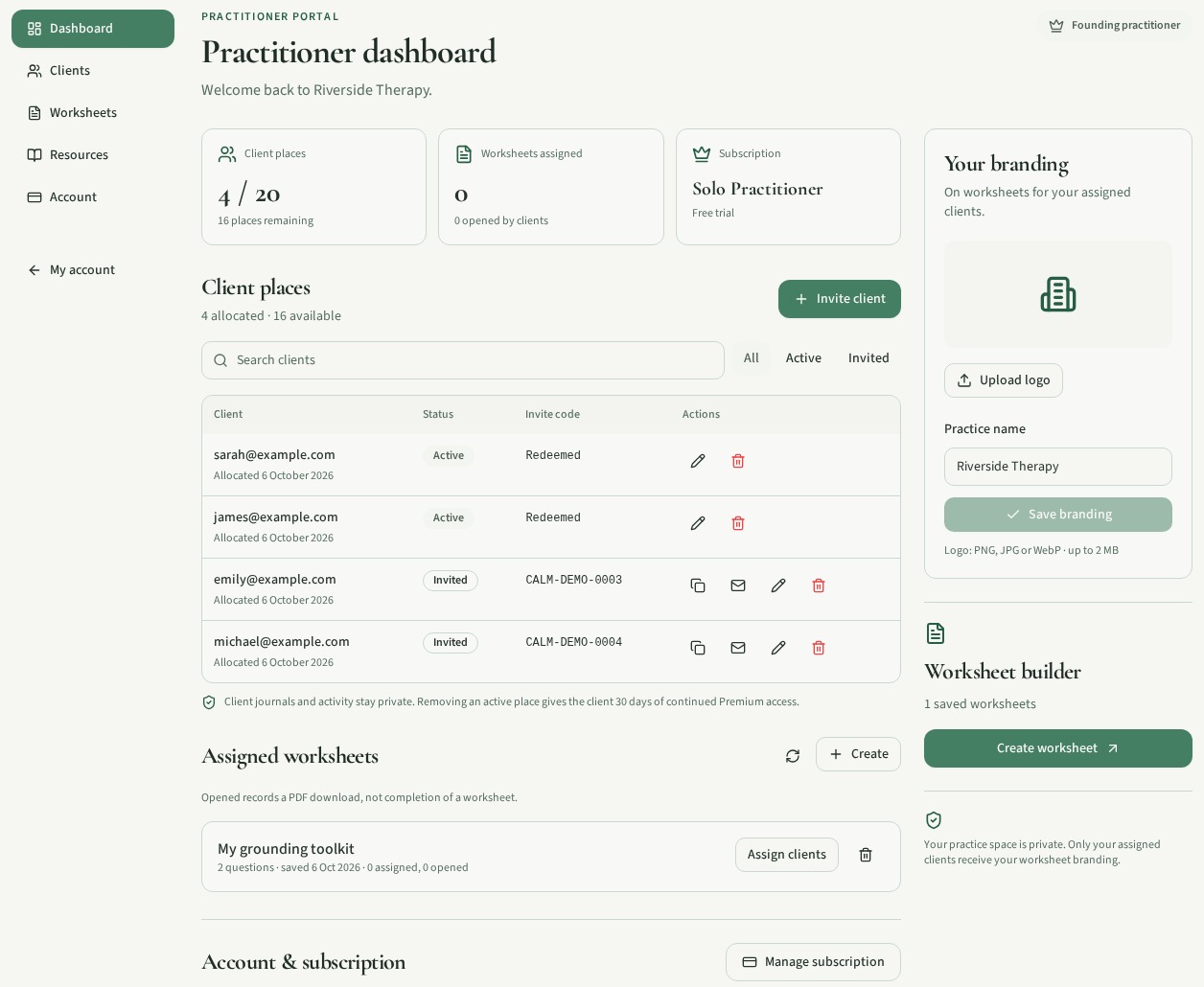 Preview of the Calm Corner practitioner dashboard, showing client places, invite codes, branding and assigned worksheets