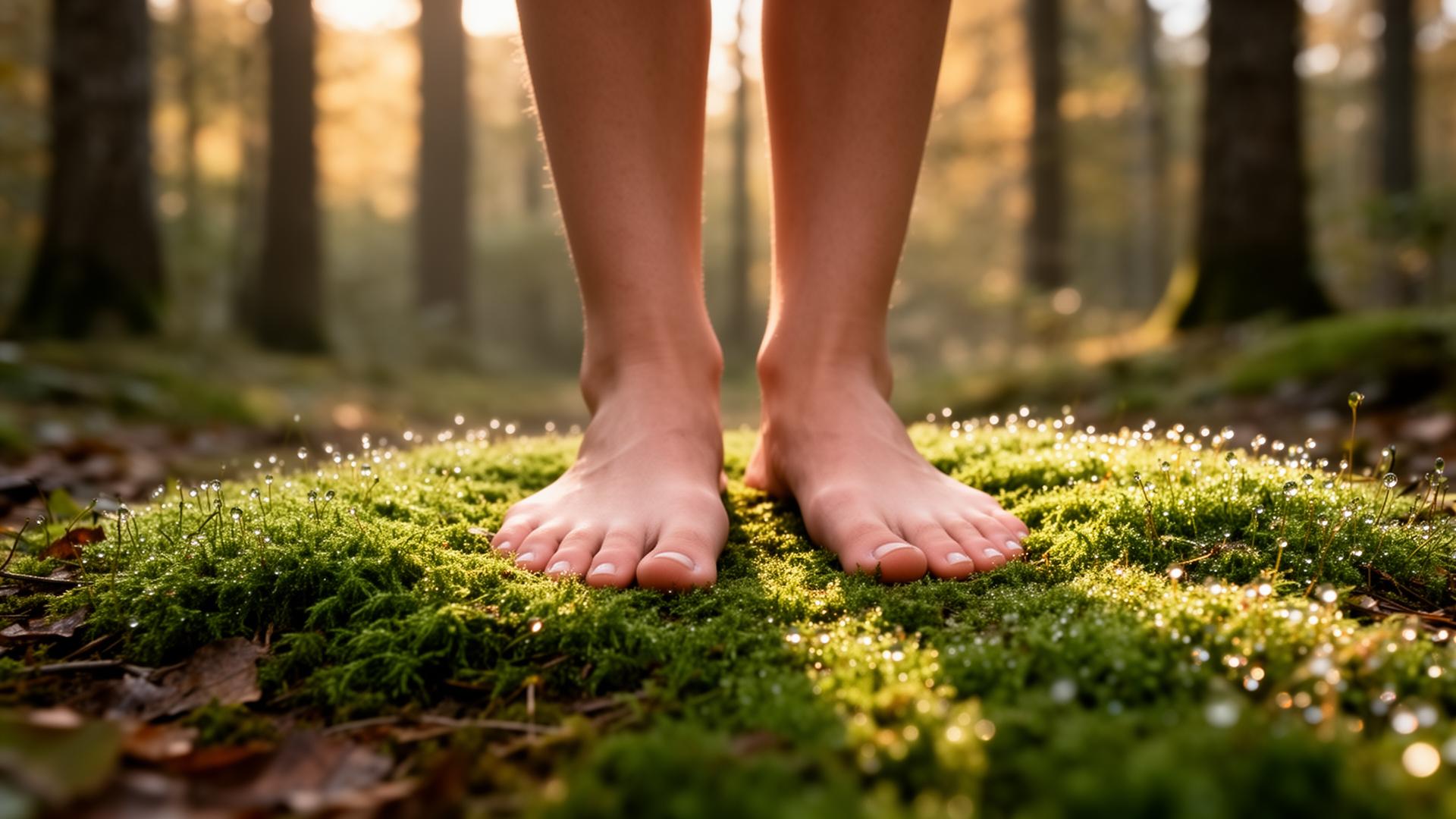 Bare feet on soft forest moss