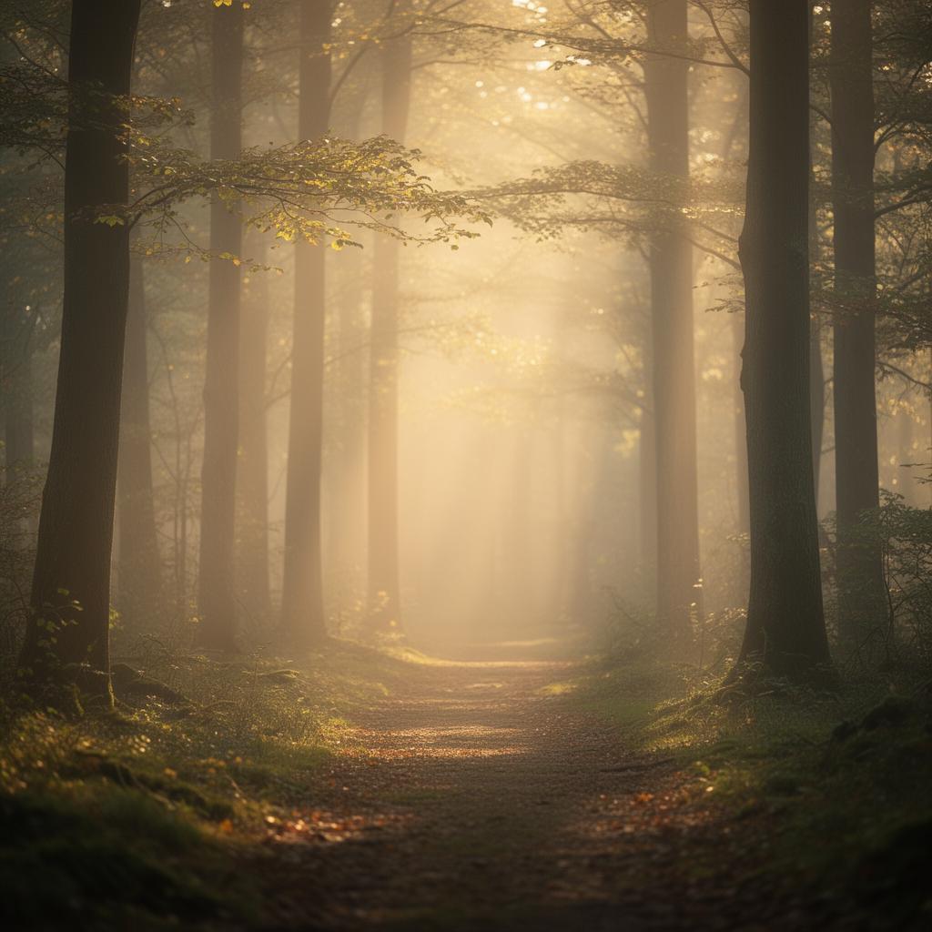 Peaceful forest path with morning sunlight